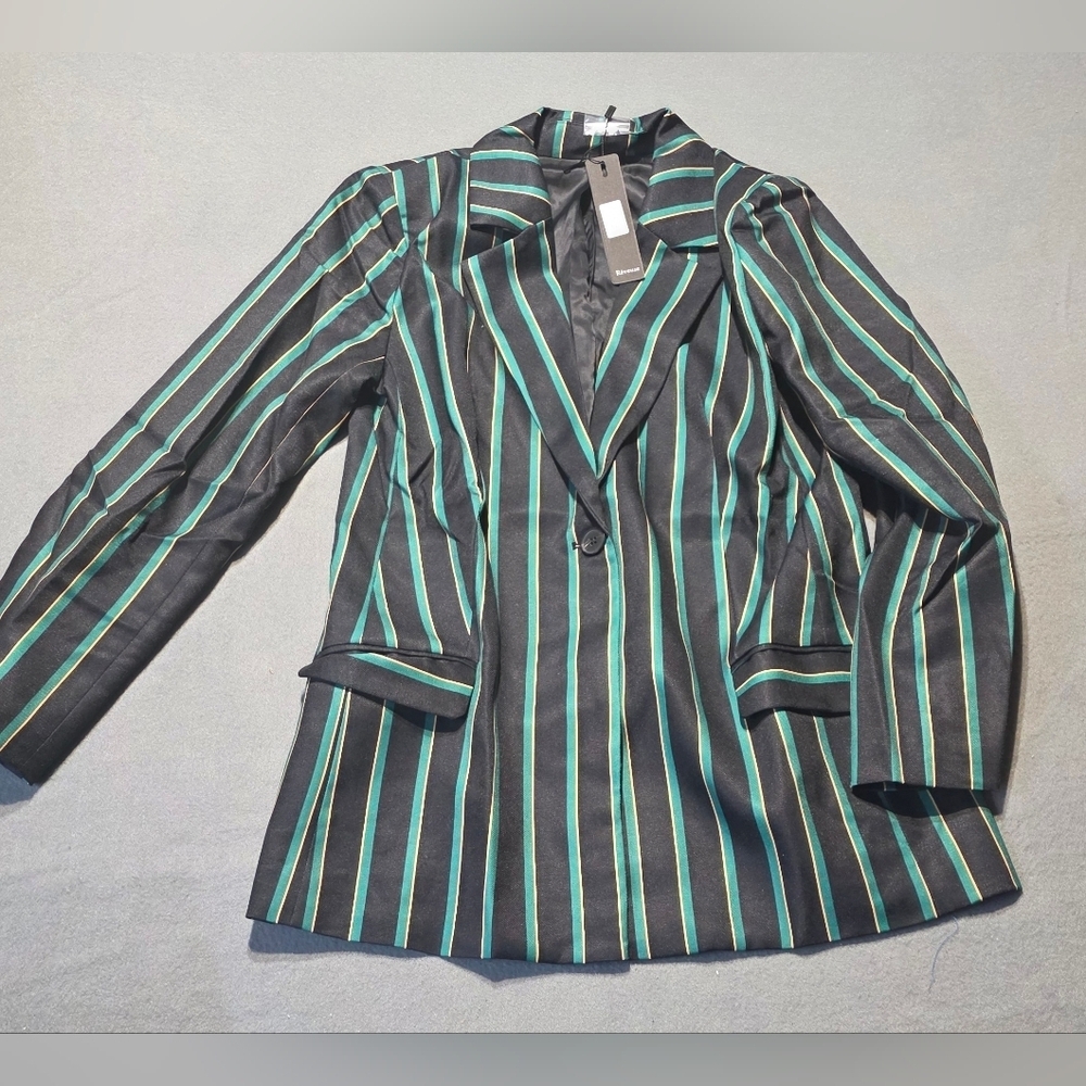 Reveuse NWT Elegant Black and Green Striped Women's Blazer S/M/L/XL - Picture 2 of 13